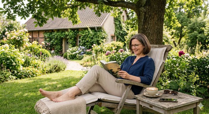 Frau mit Buch im Garten - KI - Lassen wir die KI arbeiten