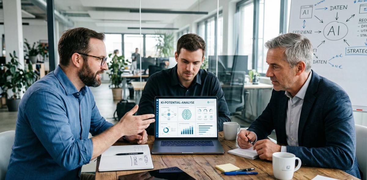 KI Potential Analyse - 3 Männer am Tisch - Foto KI generiert