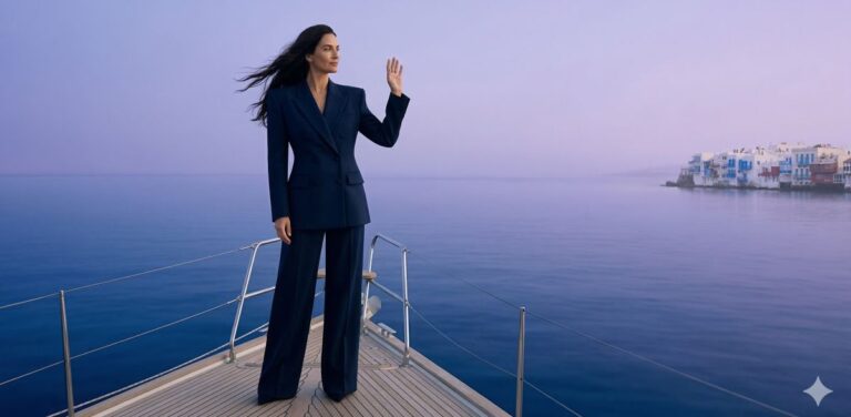 Frau winkend auf einer Yacht - Liebe KI - wann bin ich endlich reich - KI generiert